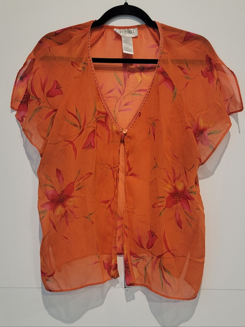 Studio I Orange Floral Sheer Chiffon Blouse – Size 14